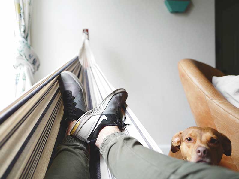 An athlete relaxing in a hammock with their dog